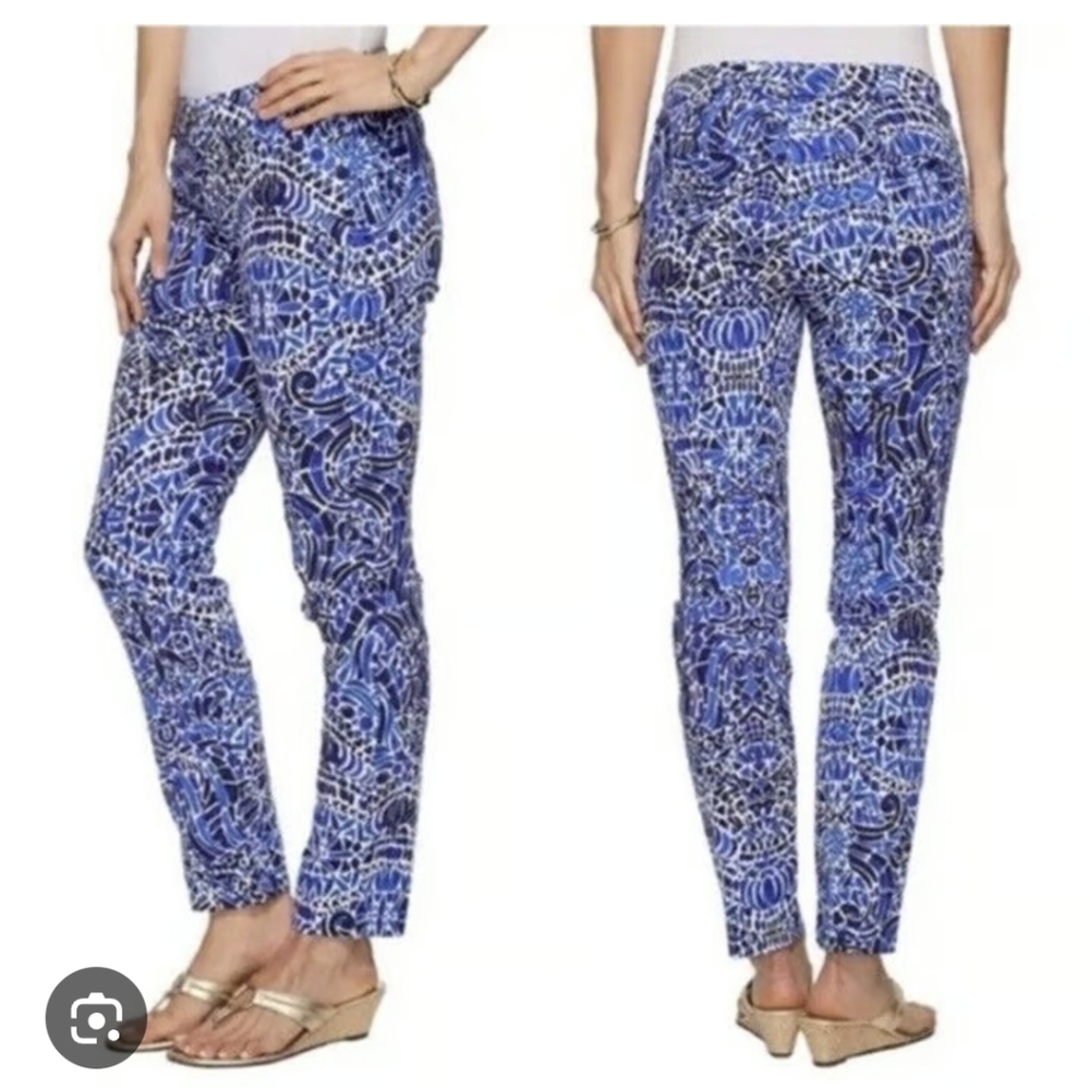 Lilly Pulitzer Kelly Skinny Ankle Pants In Navy Taverna Tile Sz.2 Blue and White